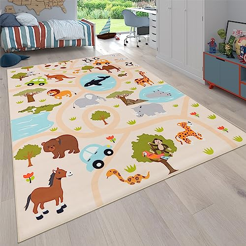 Paco Home Teppich Kinderzimmer Kinderteppich Junge Mädchen Spielteppich Dschungel Mit Affen Löwe rutschfest Modern Creme Grün Gelb, Grösse:160 cm Rund