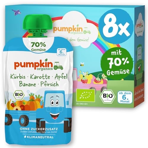 Pumpkin Organics Bio Gemüse-Quetschies 8er Pack Kürbis, Karotte, Apfel, Banane, Pfirsich ohne Zuckerzusatz¹ - ab dem 6. Monat - als Snack oder Beikost für unterwegs - glutenfrei (8x100g)