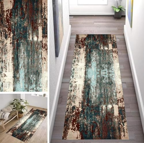 ZUZEKU Läufer Flur Küche Waschbar rutschfest 40X120cm Abstrakte Bunt Blau und Braun Vintage Lang Küchenteppich Flurteppich Teppich Fur Korridor Wohnzimmer Schlafzimmer Meterware Anpassbar