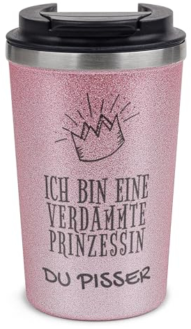 Tassendruck Nachhaltiger Glitzer To-Go Thermobecher mit Deckel und Spruch Verdammte Prinzessin Geschenk für Freundin, Frau oder Tochter | Edelstahl doppelwandig, Rosa, 350 ml