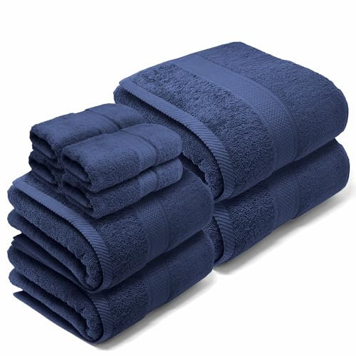 LEBENGOOD Juego de Toallas Baño Completo 100% Algodón Premium 550gsm | 4 Toallas Tocador (30x30), 2 Toallas Lavabo (50x90), 2 Toallas Ducha (70x130) | Suaves, Absorbentes y Resistentes (PACK 8 Azulon)