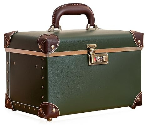 urecity Vintage Leather Vanity Case with Mirror, Hard Shell Cosmetic Case for Women, Stylish Beauty Case with Combination Lock (Army Green, Medium (Length: 13 Inches)