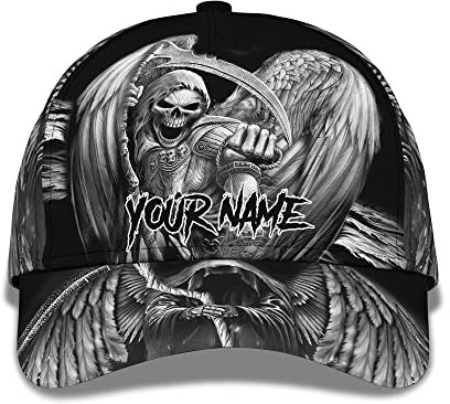 Sonnenblende Mütze Grim Reaper 3D Benutzerdefinierter Name Mit Gruseligem Totenkopf Capatmungsaktive Mütze Baumwolle Golf Caps Leichtgewicht Baseball Mütze Für Reisen, Teenager, Damen
