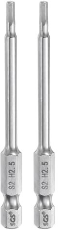 QUARKZMAN 2pcs Foret à Tête Hexagonale 2.5mm (H2.5) Métrique 1/4 Tige Hexagonale 75mm (3) Long Embouts de Tournevis Magnétique Acier S2 Forets Plats Hexagonaux pour Vis