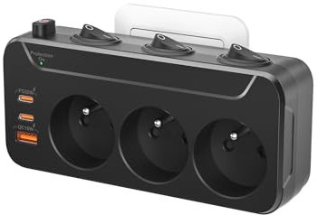 Bloc Multiprise Murale Française avec Interrupteur Individuel,Prise Multiple avec USB C PD20W Chargeur,Multi Prise Parafoudre et Surtension,Triplette Electrique Rotation Verticale Horizontal,Noir
