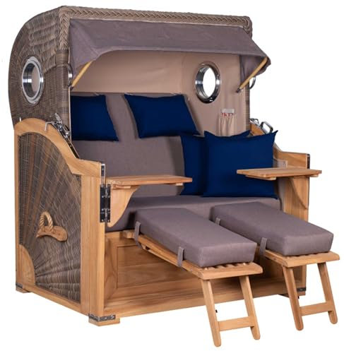 MR. DEKO® Strandkorb Baltikum 2,5-Sitzer Teak | PE Geflecht Grey | Volllieger Strandkörbe aus Teakholz mit 2 Bullaugen & Fußablagen | Liftersystem & Polster mit 4 Kissen | Strandstuhl (Dessin 589)