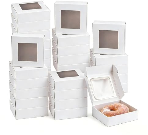 30 Stück 10x10x3cm Weiße Gebäckkarton Gebäckbehälter: Kuchenverpackung Box | Bäckerei Boxen mit Fenster, Box mit Sichtfenster für Cupcakes, Kekse, Desserts, Party und Geschenk