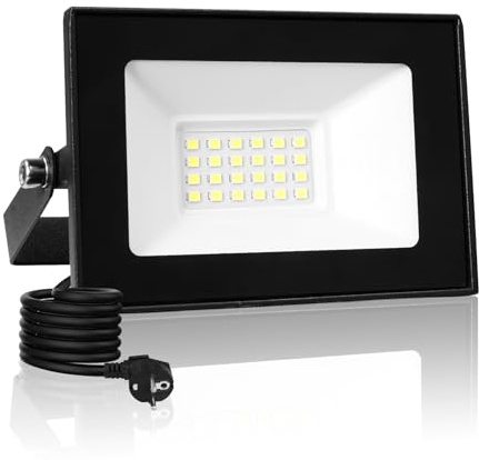 Sararoom LED Strahler Außen 20W, 2000LM 3000K Warmweiß Scheinwerfer Fluter Flutlicht Baustrahler | IP66 Wasserdicht Wandstrahler mit Stecker & 3m Kabel, Aussenlampe für Garten Garage Hof Werkstatt