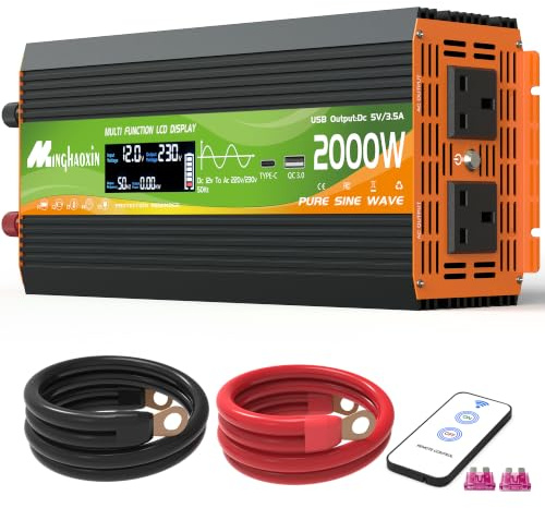2000W Pure Sine Wave Inverter 12v To 240v Car Inverter 4000W Peak With 2 Uk Sockets, 30W USB-C, 5V 3.1A USB, LCD Display And Remote Controller For Motorhomes,Camping, Household Use And Vans