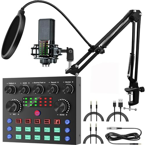 Audio Interface Podcast Equipment Bundle, All-in-One Live Mixer Audio Streaming Podcast Microphone Studio Condenser Mic Kit Gaming PC Phone Karaoke Recording Card Sound Voice Changer Black