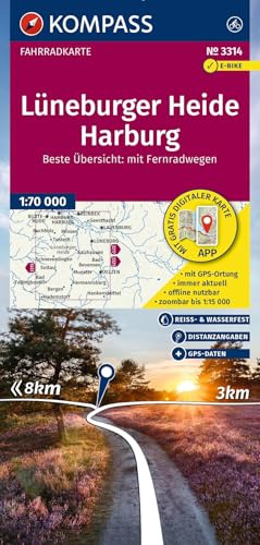 KOMPASS Fahrradkarte 3314 Lüneburger Heide, Harburg 1:70.000: reiß- und wetterfest