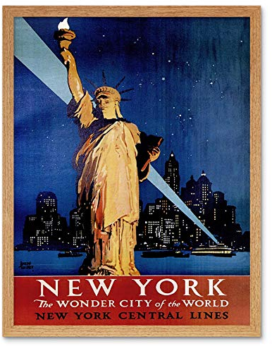 Wee Blue Coo Travel New York Statue Liberty Manhattan Railway USA Vintage Art Print Framed Poster Wall Decor Kunstdruck Poster Wand-Dekor-12X16 Zoll
