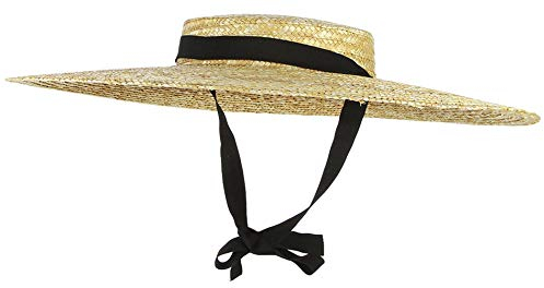Jelord Women Vintage Boater Straw Hat Wide Brim Flat Top Floppy Derby Straw Hat Beach Sun Hats with Chin Strap Brim:12cm Beige, Beige, M