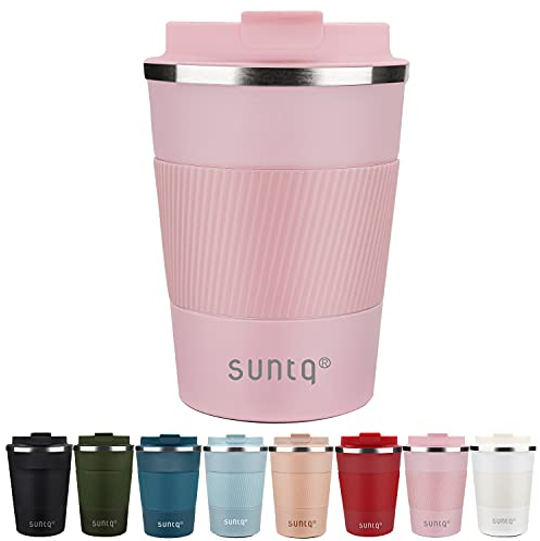 SUNTQ Kaffeebecher to go Thermo aus Edelstahl - Thermobecher mit Gummierte Manschette Doppelwand Isoliert - Kaffeetasse mit Auslaufsicherem Deckel Wiederverwendbar, Rosa 380ml