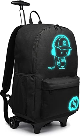 KONO Trolley Jungen Rucksack Kindergepäck mit Rollen Reflektierender Schulranzen für Teenager Herren Damen Reisen und Büro Outdoor Camping (Schwarz)