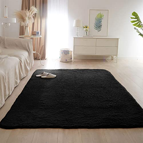 CHBIN Shaggy 140x180cm Shaggy Teppich Wohnzimmer Teppich Home Teppich Longhair Einfach zu Säubern für Bettvorleger Sofa Matte Oder Schlafzimmmer Deko Usw, Schwarz