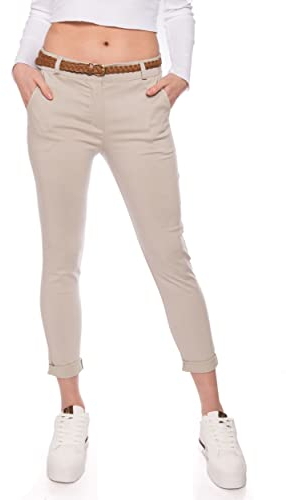 Kendindza Chino Damen Hose Stretch mit Gürtel Stoffhose Damen elegant lang (M, Beige)