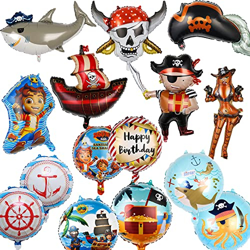 ZOOMPIL Piratenschiff Ballon, 15pcs Piraten Schiffs Ballons, Mit Skelett, Haifisch, Piratenfiguren, Ozean Tieremuster, Geburtstag Luftballons für Party Dekoration Ballon für Boys Girls Geburtstag