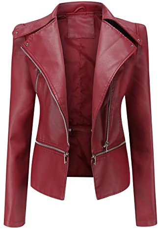 Blouson Simili Cuir Femme Veste Simili Cuir Femme Courte Faux Leather Jacket Veste Biker Blouson Motard Femme Veste Cintrée Imitation Cuir Femme PU Grande Taille Blouson Moto Vintage Femme Rouge L