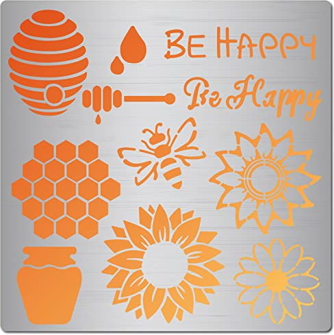 GORGECRAFT 16cm Pochoir en Métal en Nid D'Abeille Pot de Miel de Tournesol Be Hexagon Stencils Gabarit Réutilisable pour la Peinture au Bois Mur Toile Meubles Pyrogravure Artisanat Décorations