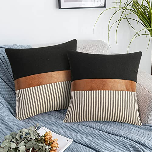 Merrycolor 2er Set Grau Streifen Kissenbezug 45x45cm, Spleißen Leinen Wurf Moderne Akzent-Kissenbezüge aus hellbraunem Kunstleder Landhausstil Kissenhülle für Sofa Gartenbett Schlafzimmer
