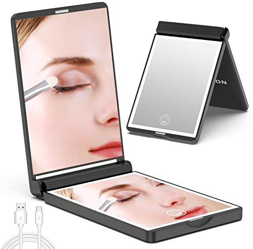 WOBSION Rechargable LED Miroir de Voyage éclairé, grossissement 1x/3x Portable pour Sac à Main, Miroir portatif à Deux Faces, Noir