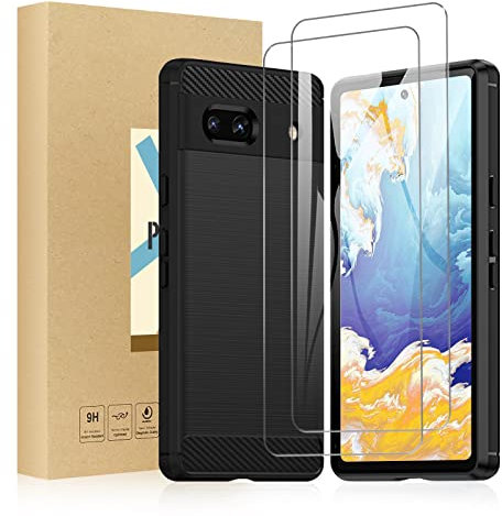 SCL Custodia protettiva per Google Pixel 7A, in vetro e custodia per Google 7A, per Google Pixel 7A, [2 pezzi, durezza 9H, vetro e fibra di carbonio spazzolata, design
