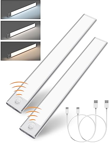 Luz LED con sensor de movimiento para armario, 20cm Luces 34 LED USB Recargable, Luz Nocturna con Tiras Magnéticas 3 Modos regulable, inalámbrico, Luz para Escalera, Cocina, Garaje, Sótano-2 Piezas