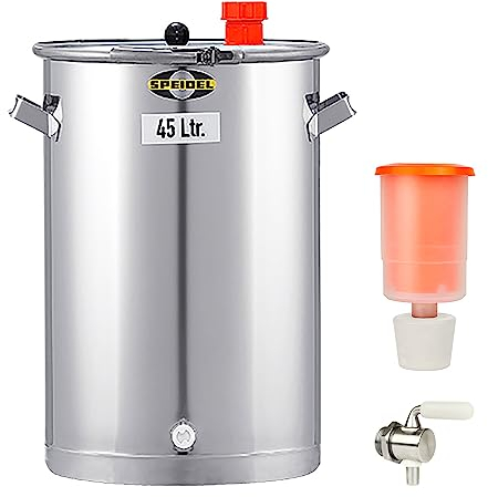 Speidel Gärbehälter Edelstahl 350 mm D, 45 Liter inklusive V2A Ablasshahn und Gärspund, Universalfass V2A Edelstahl für Lagerung, Transport und Vergären von Most, Wein, Saft, Gärfass Edelstahl 45L