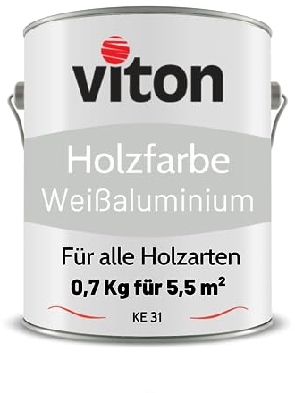 Viton Holzfarbe in Silber - 0,7 Kg Holzlack Seidenmatt - Wetterschutzfarbe für Außen - 3in1 Grundierung & Deckfarbe - Profi-Holzschutzlack - KE31 - RAL 9006 Weißaluminium