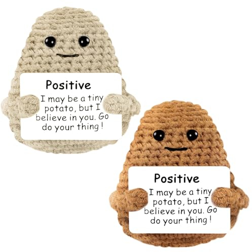 Aolso Lustige Positive Kartoffel, Gestrickte Kartoffelpuppe mit Positive Karten, Kreative Kartoffel Puppe, Mini-Plüsch Potato Puppe, Viel Glück Geschenke, Motivationsgeschenke (L-Khaki/Braun)