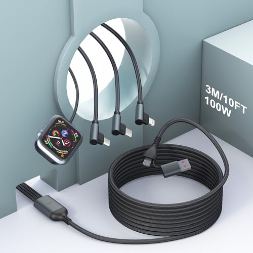 100W Cavo Multiplo 4 in 2 per Apple Watch - Cavo Apple Watch e iPhone con Lightning/Type C/Micro USB Porta Compatibile con Apple Watch/iPhone/MacBook/iPad/Galaxy S23 90° Cavo iWatch USB C