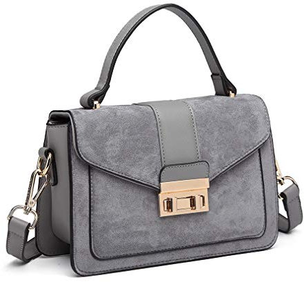 Miss Lulu Damen Tasche Henkeltasche Mittelgroß Umhängetasche Tasche mit Kunstleder und Wildleder Vintage Flap Handtasche Crossbody Bag mit ovaler Metallverzierung Elegant Exquisit