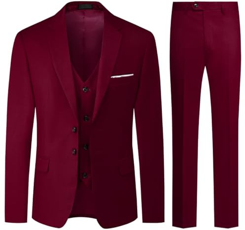Allthemen Costume Homme Mariage 3 Pièces Slim Fit Smoking Costume Couleur Unie Deux Boutons Formel Veste Gilet et Pantalon Vin Rouge M