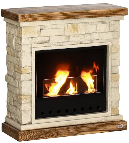 HOMCOM Cheminée au bioéthanol, cheminée éthanol, brûleur 400 ML, durée de Combustion de 3 Heures, avec Verre de Protection, poêle Bio à Poser au Sol, Couverture 16-18 m², Marron