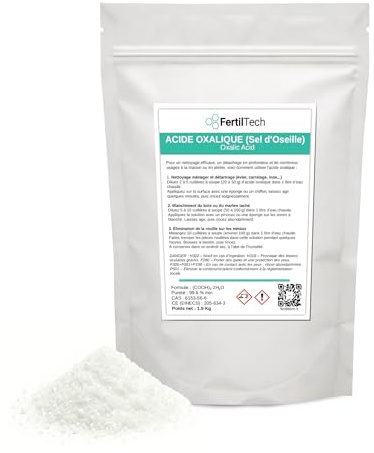 FertilTech Acido Ossalico 1,5 kg – Sale di acetosa ultrapuro ≥ 99,6% | Potente detergente per legno ingrigito, marmo, alluminio, metalli, pavimenti | Uso domestico, fai-da-te, ristrutturazione, offici