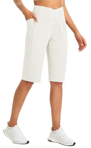 baleaf Womens Shorts Ladies Bermuda Running Long Short 14 Knee Length High Waisted Gym Shorts with Pockets Yoga White L