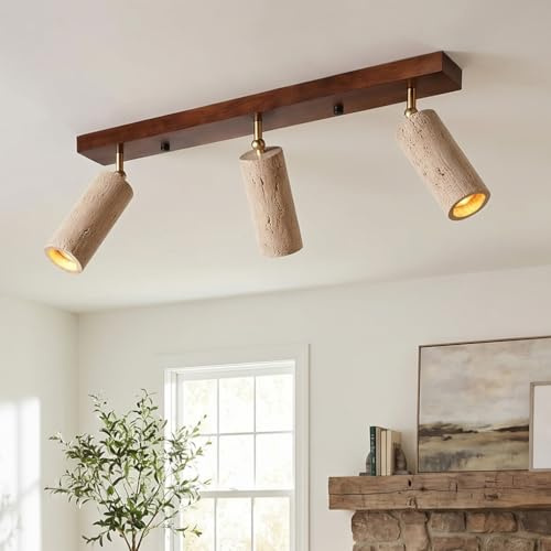 TkTsjtle Wabi Sabi Deckenleuchte aus gelbem Travertin, extra groß, japanische 3-farbige LED-Glasschirm-Deckenleuchte, E26, Stein-Walnuss-Holz-Überkopfleuchte für Wohnzimmer, Esszimmer, Schlafzimmer