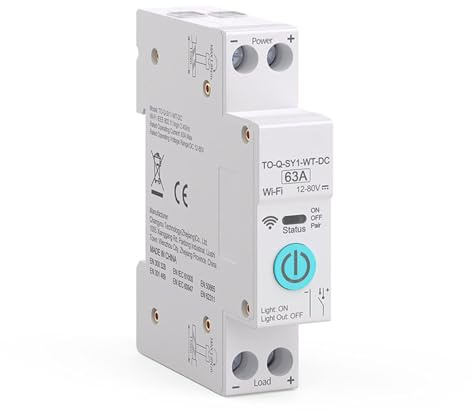 UTTASU Tuya DC Smart Schalter 63A 12-80V, WLAN Leistungsschalter für Alexa/Google, Fernbedienung & Timer, 1P+N Hutschiene, PA66 Flammschutz für Solar