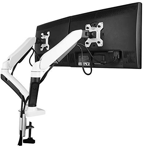 Allcam GSA22DD Dual Gas Powered LCD Monitor Arm Desk Mount Stand w/vesa bracket, clamp & grommets for 17-27 LCDs: Tilt Swivel Orientation Adjustments in White and Black