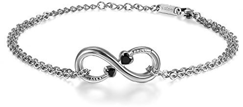JewelryWe Unendlichkeitszeichen Armband Damen Fußkettchen: Edelstahl Infinity Unendlichkeit Lieben Zeichen Charm Fußkette Armkette Armreif mit Herz Zirkonia Diamant Schwarz Silber