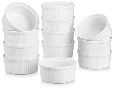 MALACASA Série Ramekin Dish, Lot 12pcs Mini Ramequin Terrines Moule à Pâtisserie Soufflé Crème Brulée Cupcake Muffin Bols Snack en Porcelaine 4,3/11x11x5cm