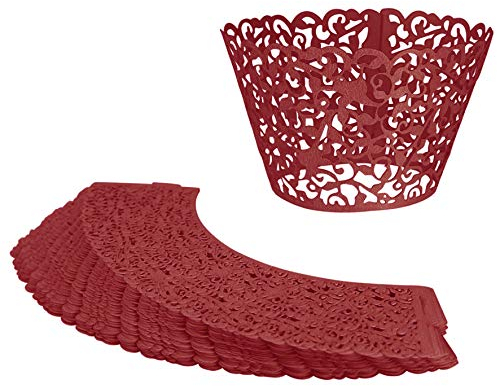 20pcs Filigree Vine Cupcake Wrapper Laser Cut Wraps Cases Wedding Birthday Party - Dark Red