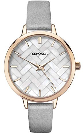 Sekonda Ladies Editions Rose Gold Plated Mother of Pearl Dial Grey Leather Strap Watch 2827