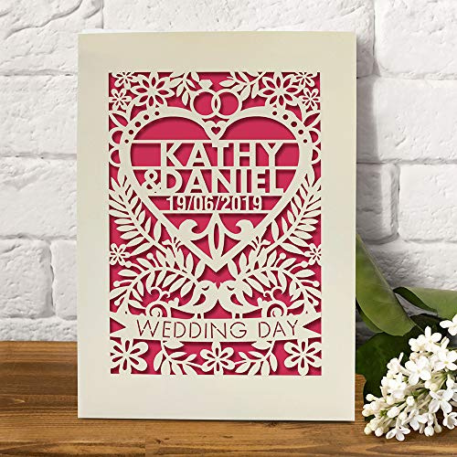 Personalised Wedding Card for Bride and Groom Laser Cut Greeting Cards Congratulations Wedding Day for Newlyweds with Envelopes Custom Gift Hand Finished in UK (Fuchsia)