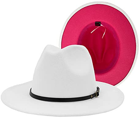 Gossifan Chapeau Fedora bicolore à large bord avec ceinture classique en feutre patchwork pour homme et femme, C-belt White/Rose, 7 1/8/7 1/4