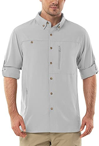 Outdoor Ventures Men's Long Sleeve Safari Shirt UV Protection Hiking Shirts Quick Drying Roll-Up Button Down Shirts with 3 Pockets for Walking Fishing Silver Grey M