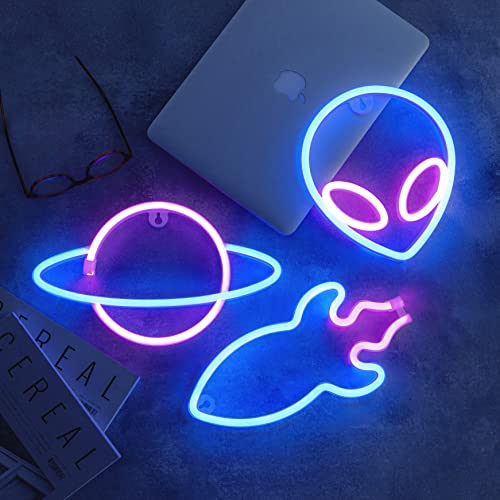 NELUX Confezione da 3 Pianeta, Alieno e Razzo - Luci Neon LED Gaming, Lampada Neon Parete Gamer, Insegna Luminosa LED Camera Decorazioni, Scritta Luce Insigne Luminose. Connessione USB o batterie