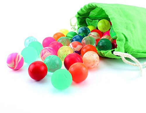 Flummix - 100 bunte Flummis im grünen Baumwollbeutel mit Kordeln - Ø 20 mm