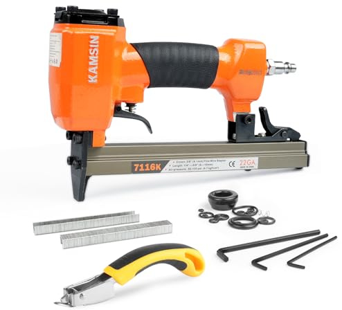 KAMSIN 7116K Agrafeuse pneumatique pour tapisserie d'ameublement de calibre 22 avec extracteur, couronne de 9,0 mm, accepte des agrafes de 6 à 16 mm de longueur